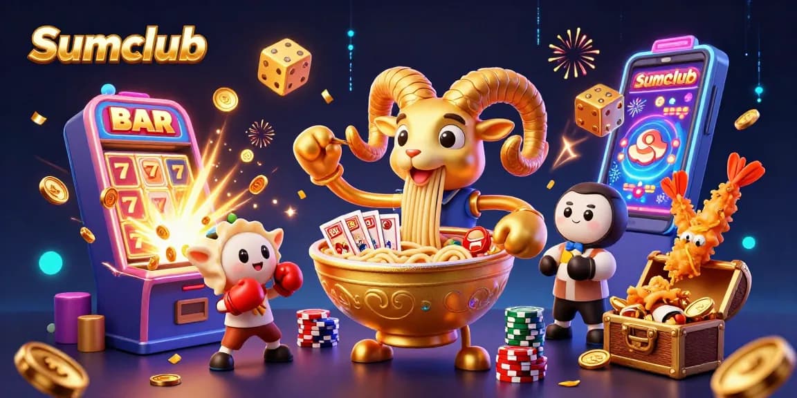 Engage with Sumclub's vibrant casino games featuring a lively 3D scene of characters and dynamic elements.