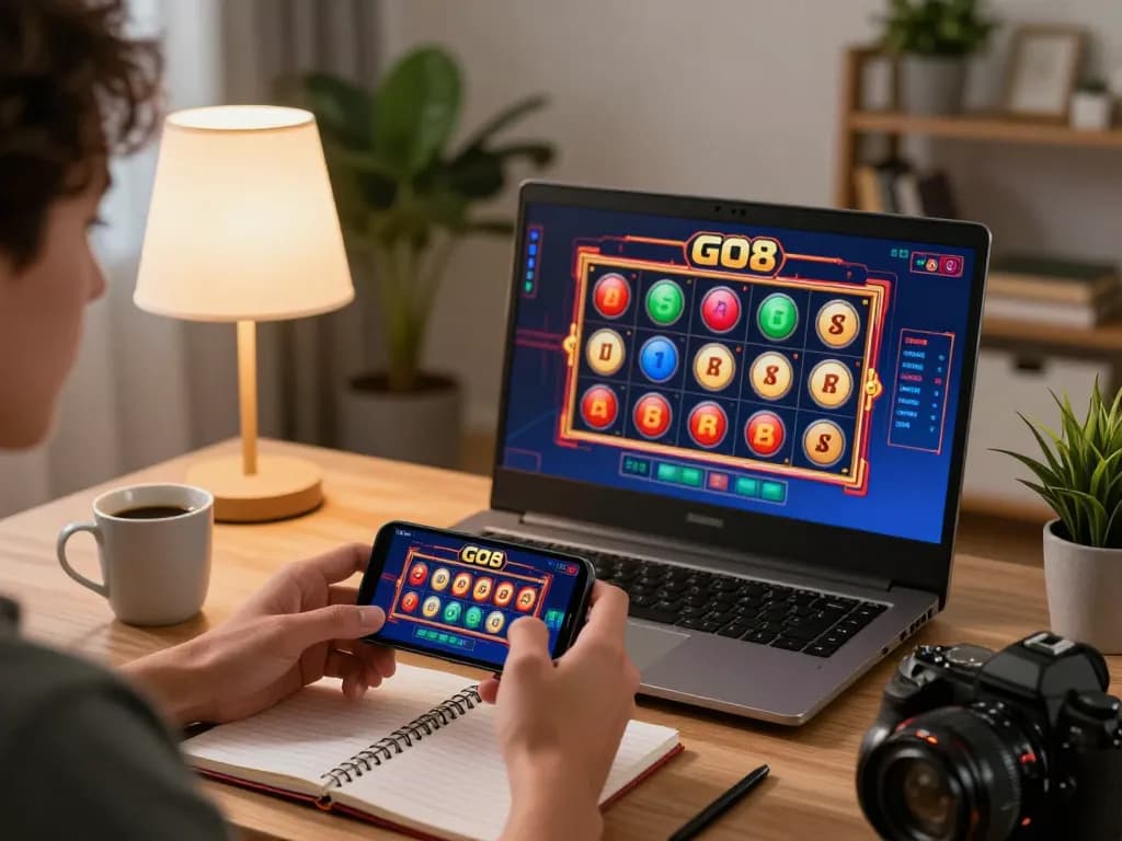 Engaging in the GO8 casino app on a smartphone during an enjoyable home gaming session.