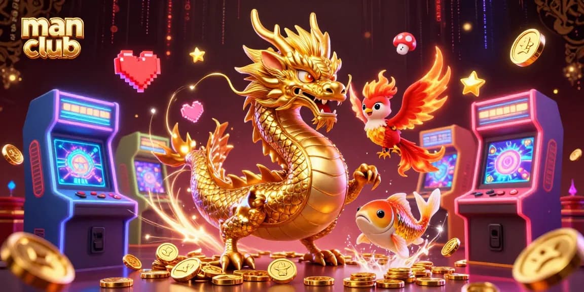 Engage in thrilling gameplay at the man club, featuring a dynamic scene with a golden dragon and coins.