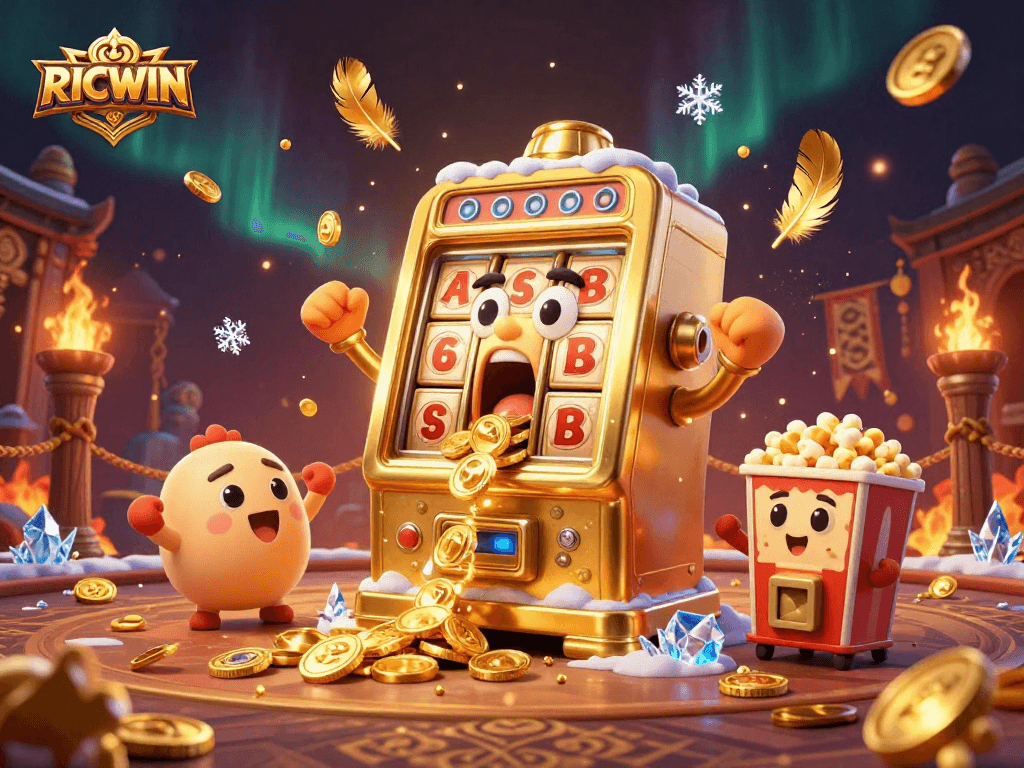 Experience RICWIN excitement as the golden slot machine hits a jackpot, coins fly, and cheers erupt!