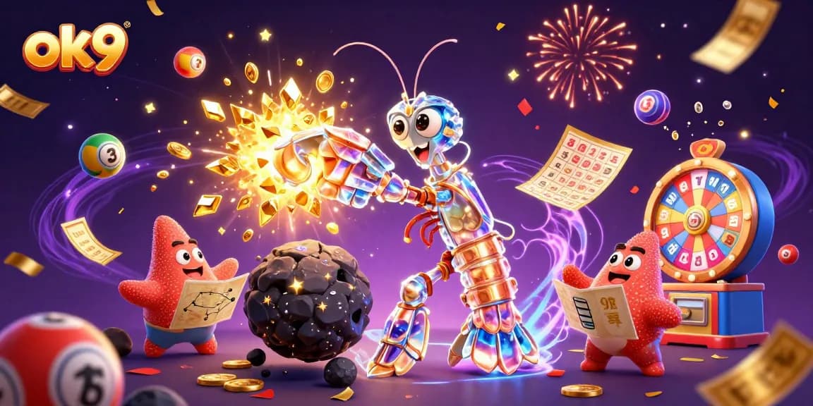 Engage in thrilling gaming at ok9 with an explosive galaxy scene of colorful lottery balls and vibrant casino elements.