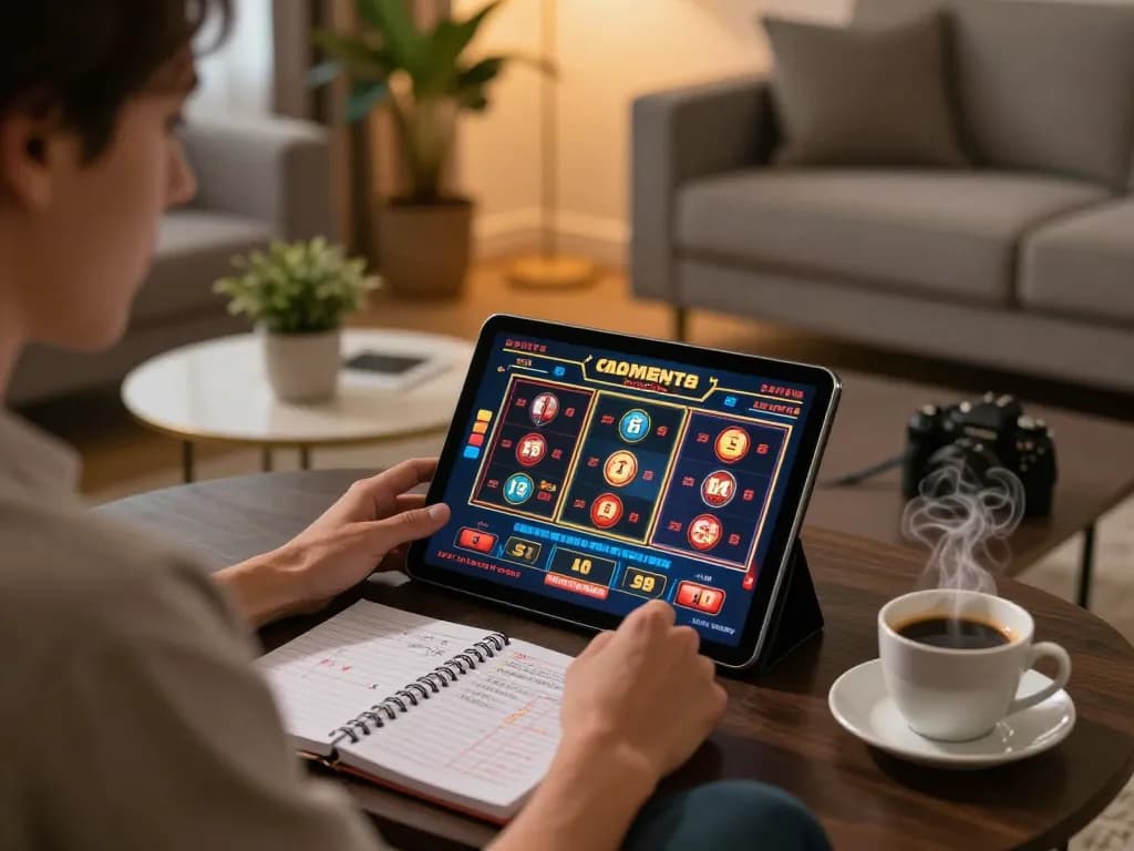 Good88 online gaming setup showcasing a player engaging with slots on a stylish tablet in a cozy living room.