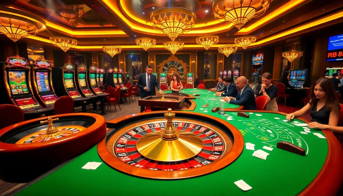 Experience the thrill of winning at RR88 in a vibrant casino atmosphere with poker tables and roulette.