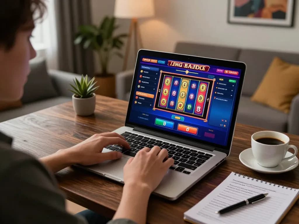 Kuwin user engaging with vibrant slot machines while managing betting strategies at home