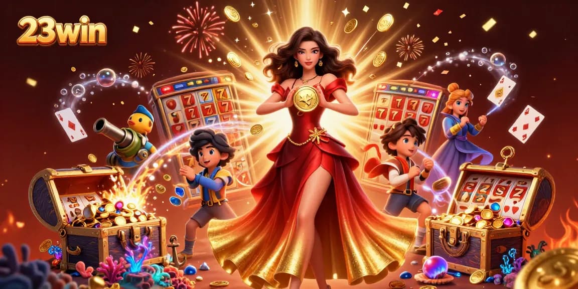 Experience the excitement of 23win with vibrant slot reels, gold coins, and stunning visuals.