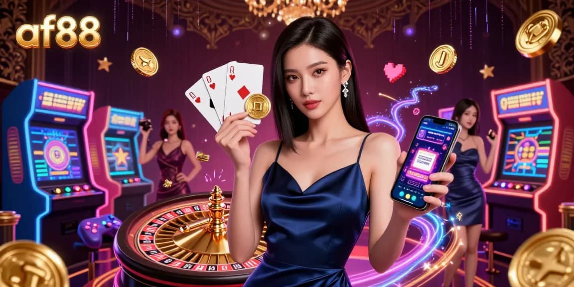 Experience the excitement at af88 with a stunning casino scene, featuring a confident Asian woman holding a smartphone and golden chip amidst vibrant gaming elements.