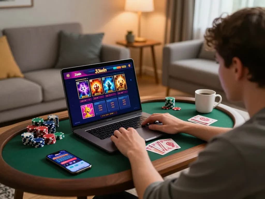 Engaging in online gaming at home, showcasing 33win casino interface with vibrant colors, complete with gaming setup and strategy notes.