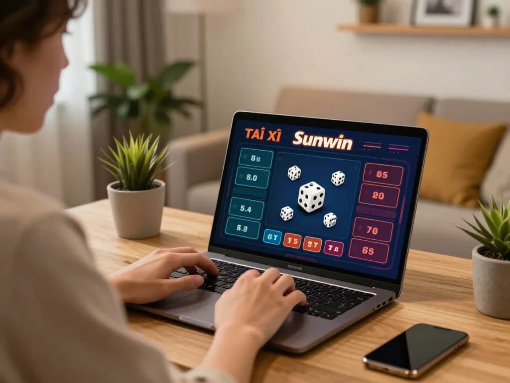 Tài Xỉu Sunwin gameplay displayed on laptop screen, showcasing strategic betting options and engaging home gaming atmosphere.