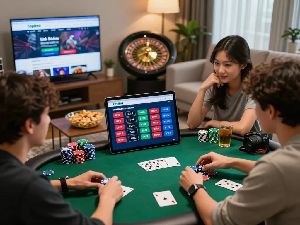 Friends excitedly exploring Link nhà cái Topbet on a digital device, surrounded by betting elements in a cozy room.