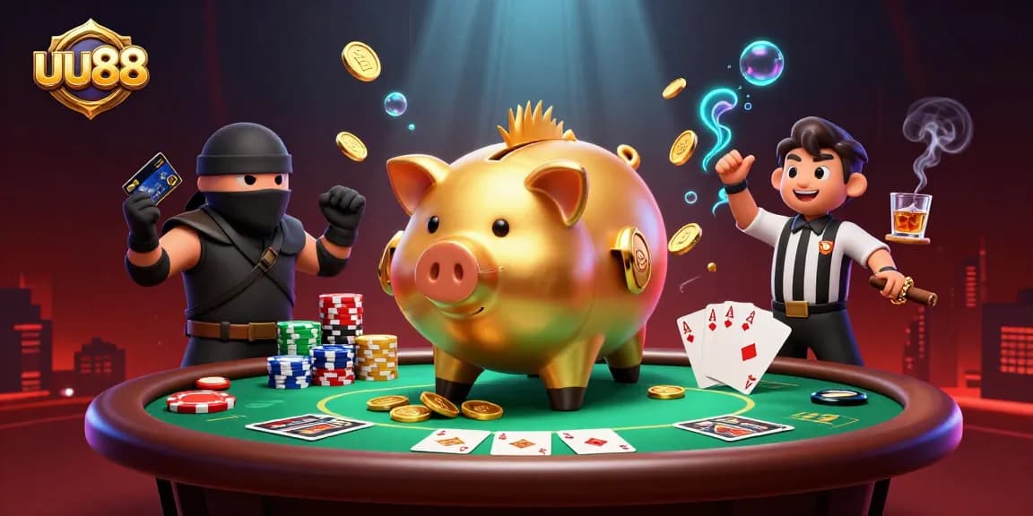 uu88 showcases vibrant casino action with a golden piggy bank sumo wrestler and poker elements.