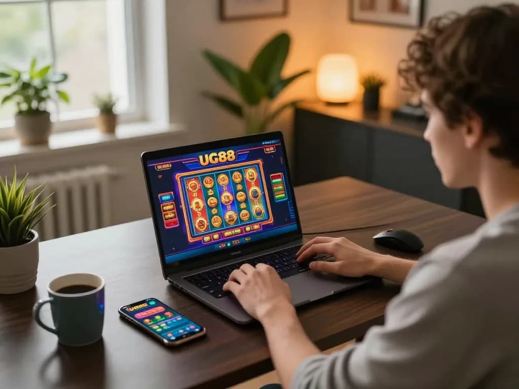 Engaged player enjoying UG88 casino gaming on laptop, showcasing an inviting home office atmosphere