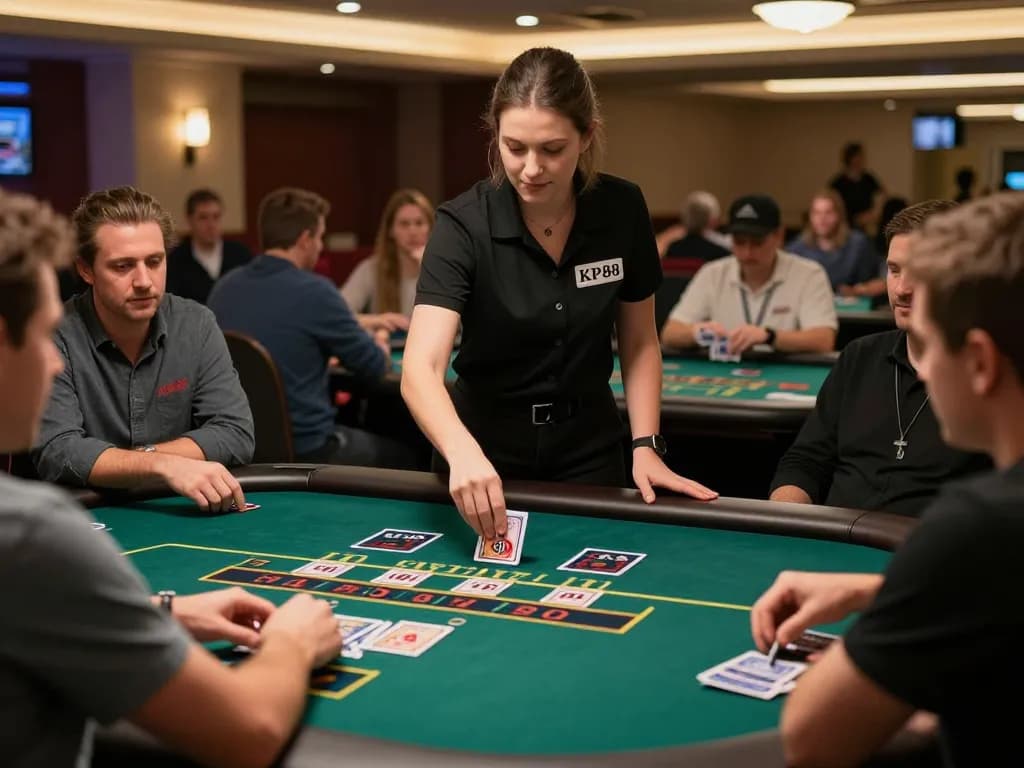 Players strategizing at a KP88 blackjack table with live dealer action.