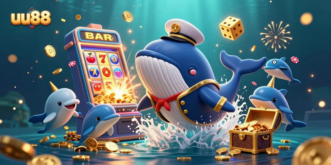 Win big at uu88 with a dynamic casino scene featuring playful dolphins and treasures.