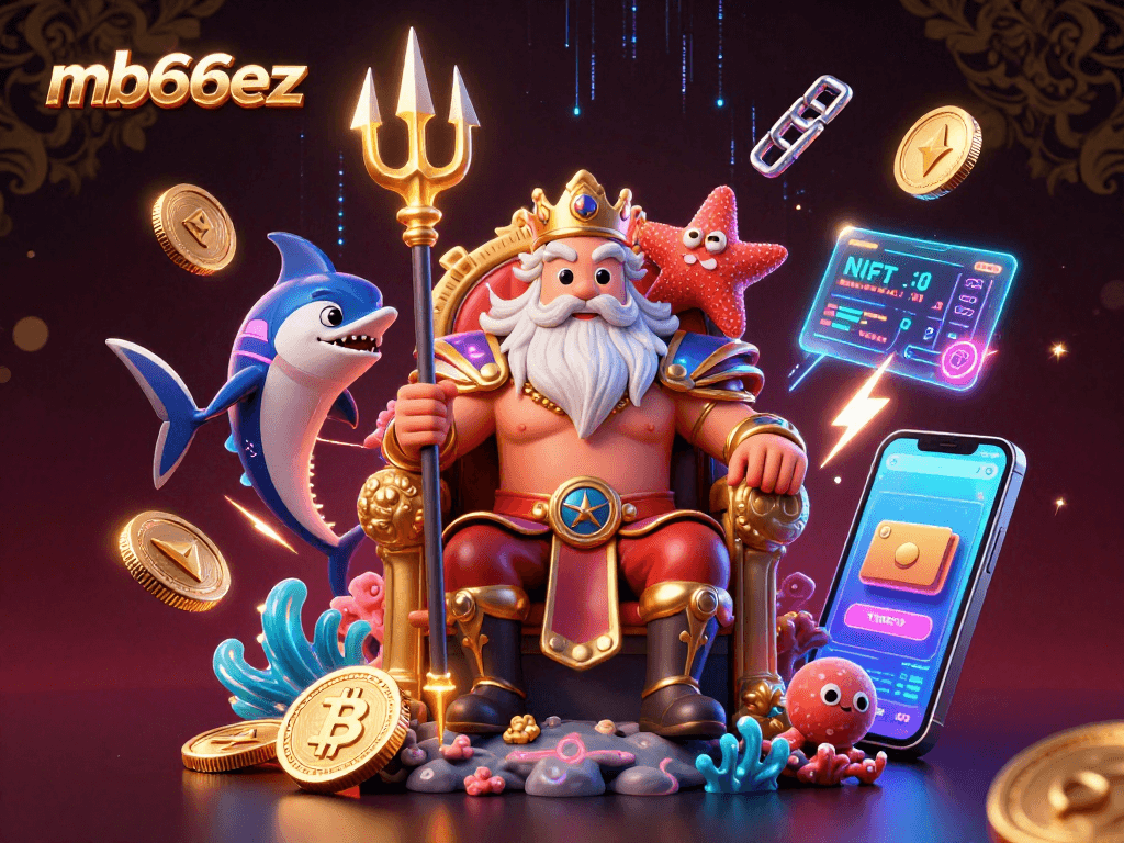 Bet on mb66ez with a vibrant 3D illustration showcasing Neptune and crypto elements.