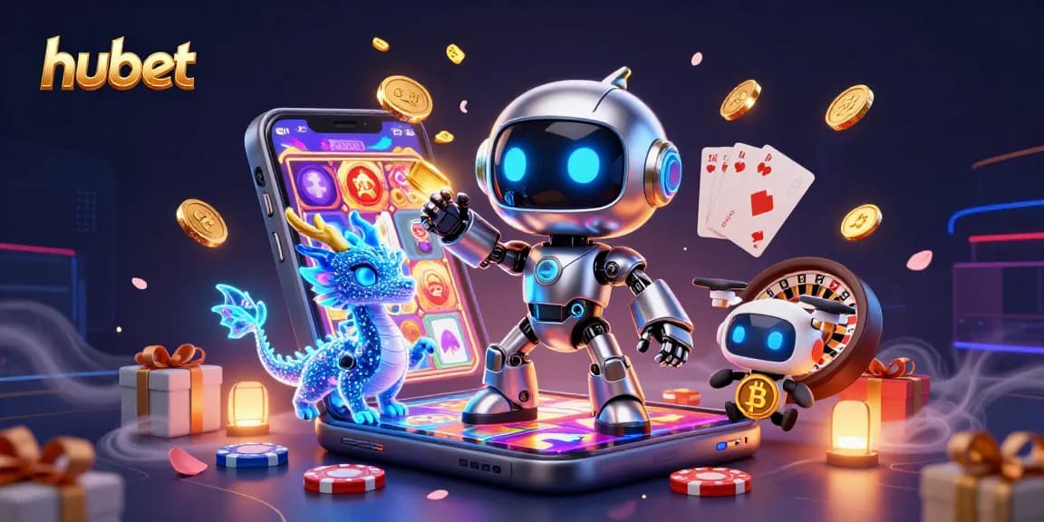Spin winning slots at hubet with a robot mascot and bitcoin-carrying drone in a vibrant casino scene.
