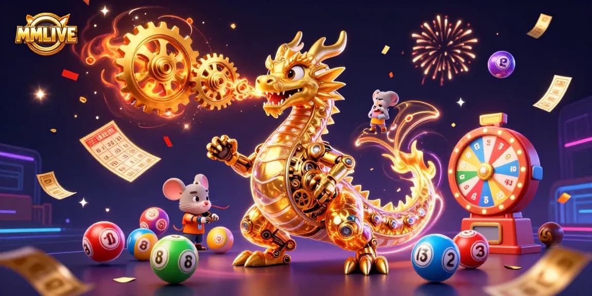 MMLIVE showcases an entertaining scene with a golden dragon amidst colorful lottery elements and celebrations.