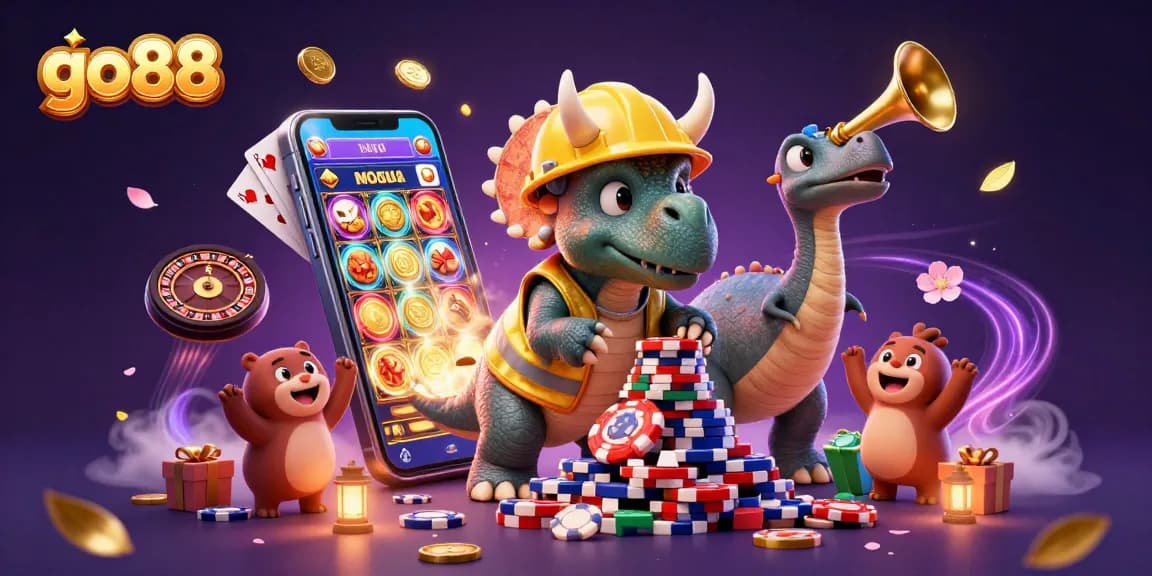 Experience thrilling gaming with go88 as a triceratops builds poker chip towers amidst slot games and festive celebration.