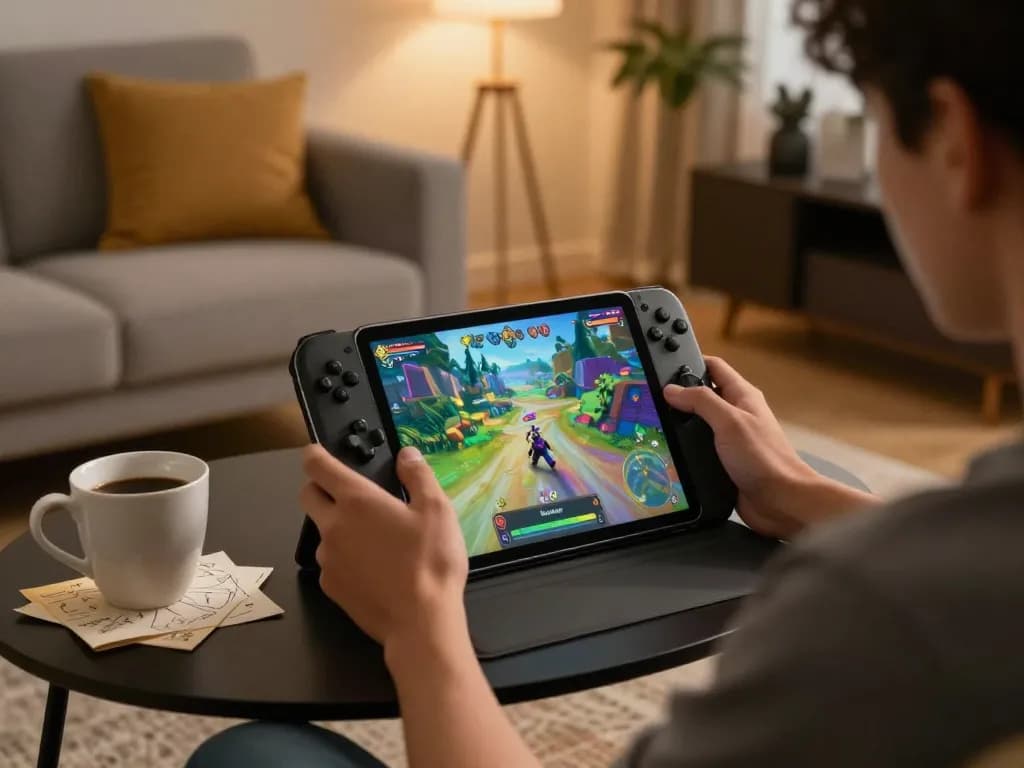 Twin68 user strategizing with tablet at home, showcasing online gaming in a cozy atmosphere.