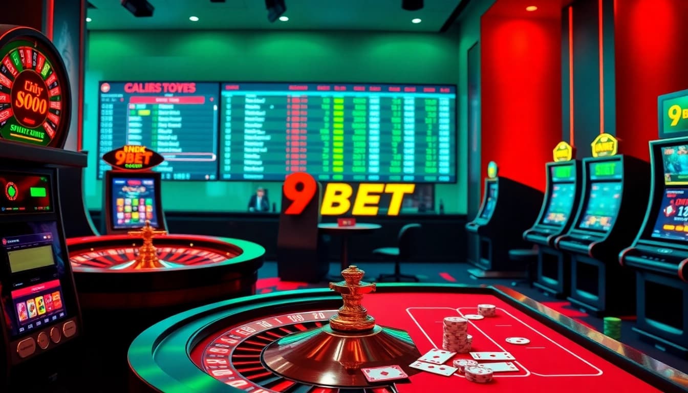 Engaging gambling scene featuring Link 9BET with roulette wheel, slot machines, and poker tables.