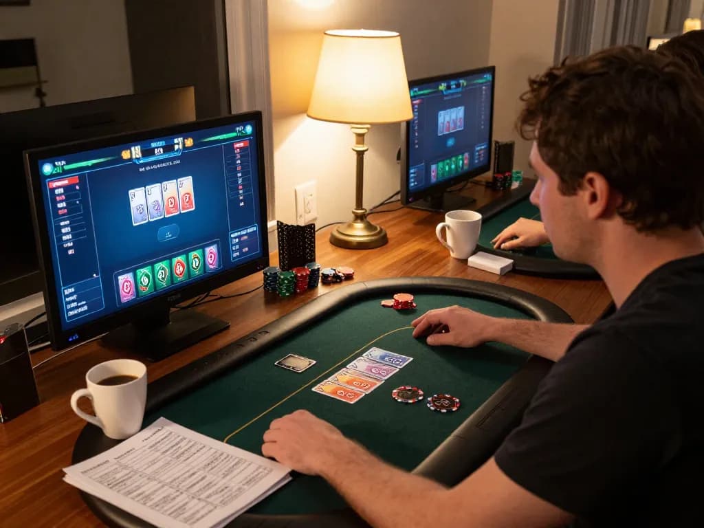 Player engaging in a strategic online poker game at home, demonstrating ok365 betting tactics seamlessly.