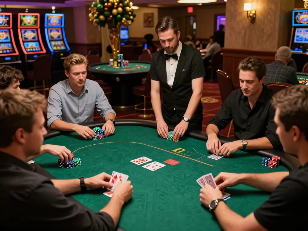 GO88 players strategizing their next move during a high-stakes poker game at an upscale casino setting.