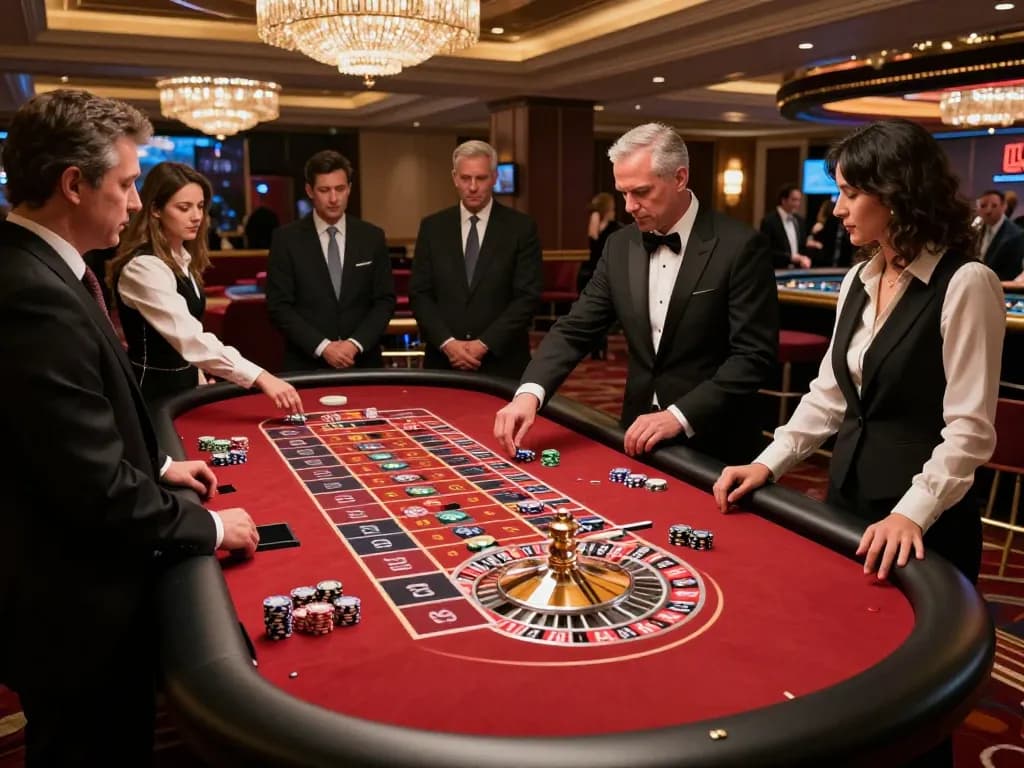va88 players placing bets at an elegant roulette table amidst vibrant casino ambiance