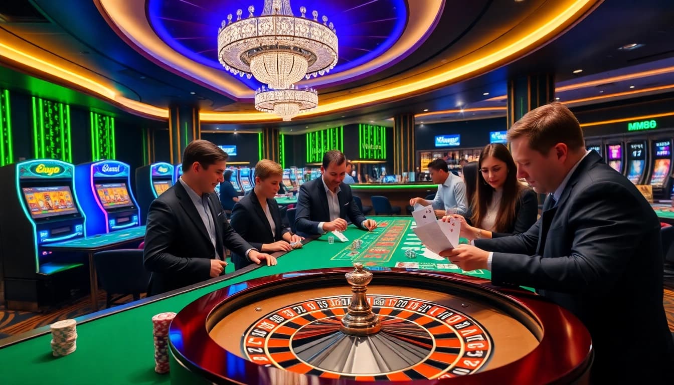 Experience the thrill of MM88 casino games with vibrant tables, roulette wheels, and excited players.
