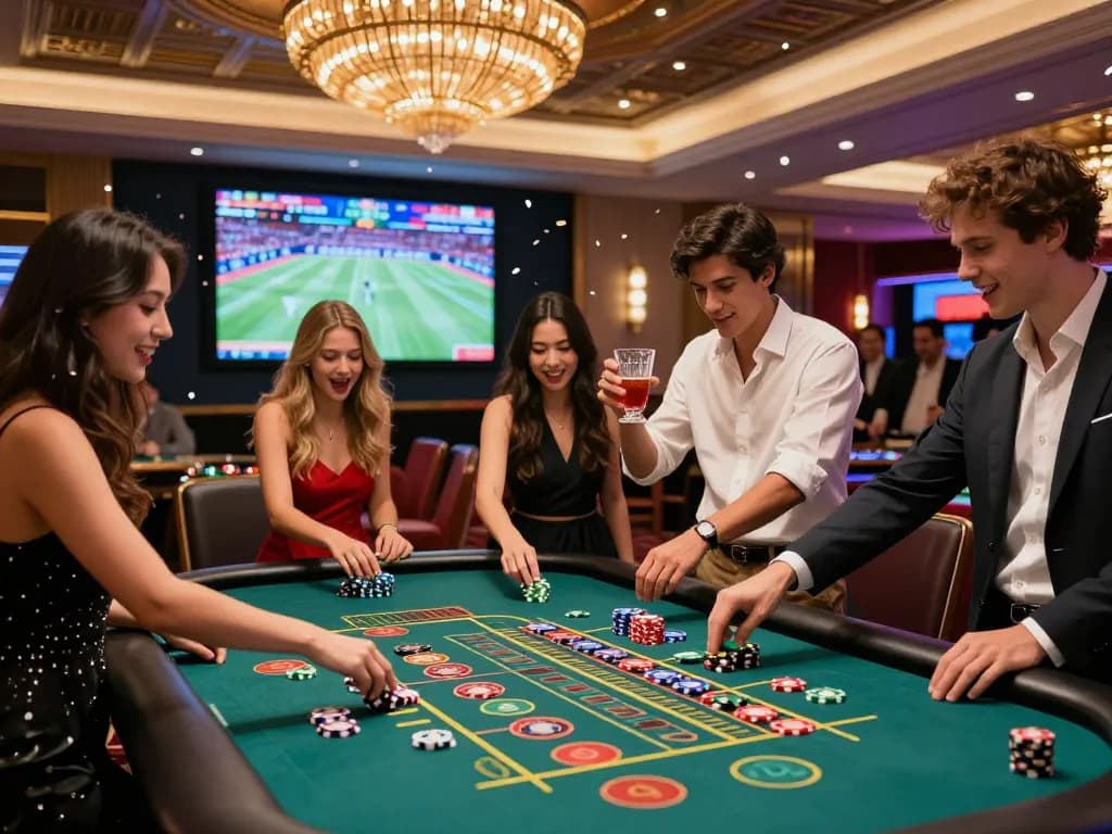 Exciting gambling moment at https://789win.ru.com/ casino with friends celebrating wins at a roulette table.