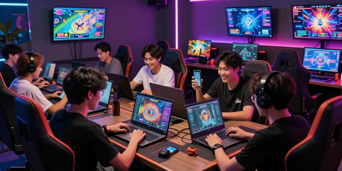 Players enjoying game bai doi thuong in a vibrant gaming lounge filled with excitement and technology.
