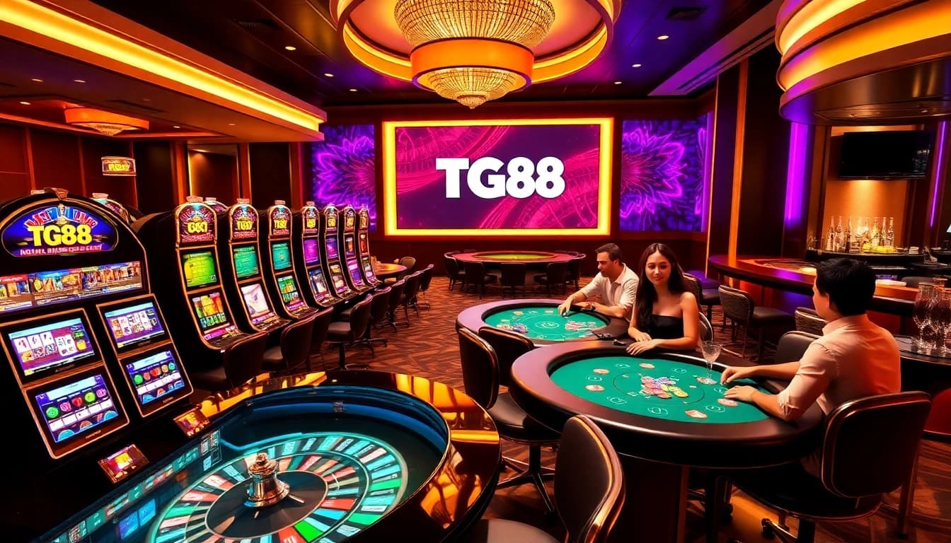 Players enjoying high-stakes action at a TG88 casino, surrounded by vibrant games and luxurious décor.