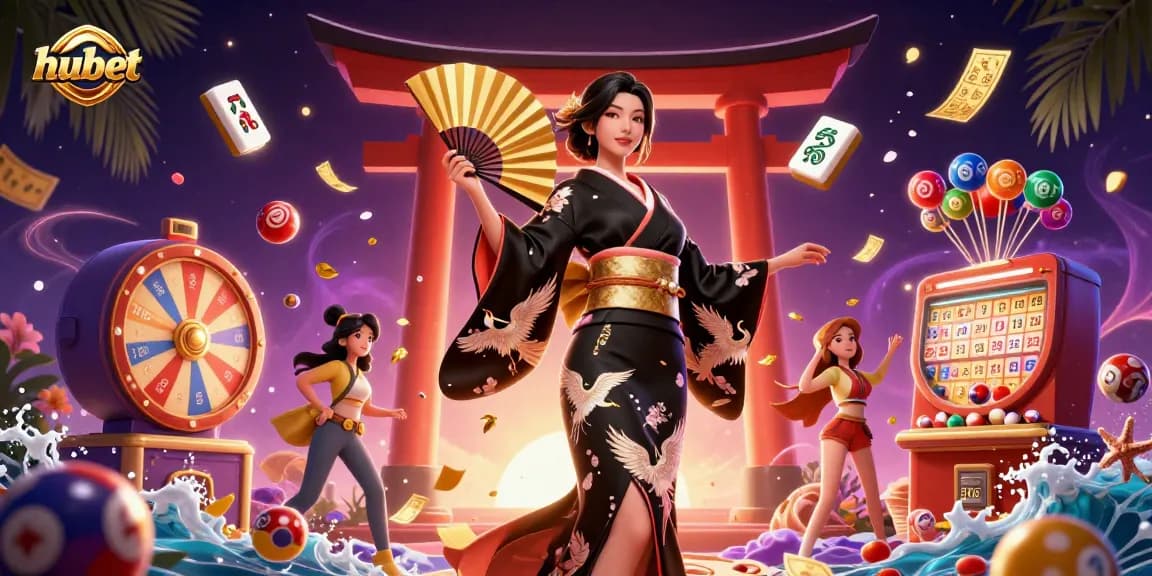 Experience the thrill of hubet with vibrant lottery balls and a stunning Asian character in a casino digital illustration.