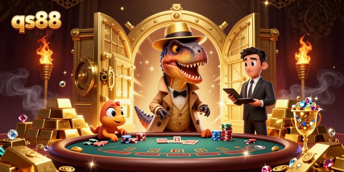 Win big with qs88 at a dynamic blackjack scene featuring a velociraptor card counter and stegosaurus pit boss.