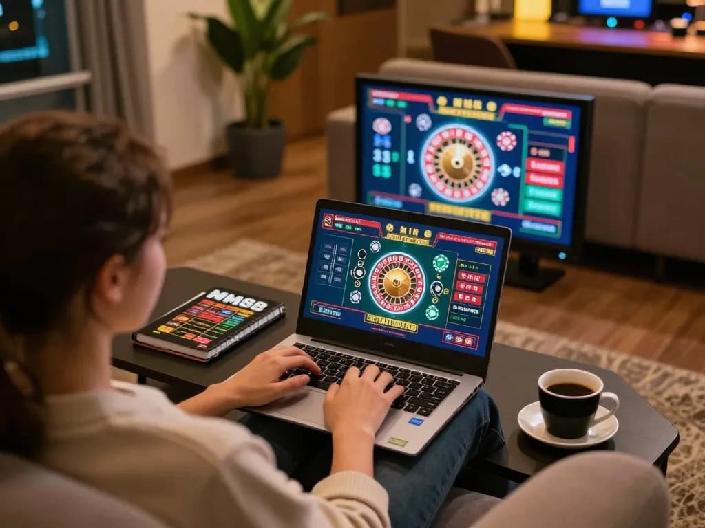 Engaging in strategic online gaming on MM88 platform with roulette interface visible, creating a cozy atmosphere.