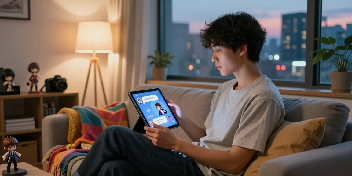 Engaging with ecchi chat ai on a cozy tablet display in a vibrant living room.