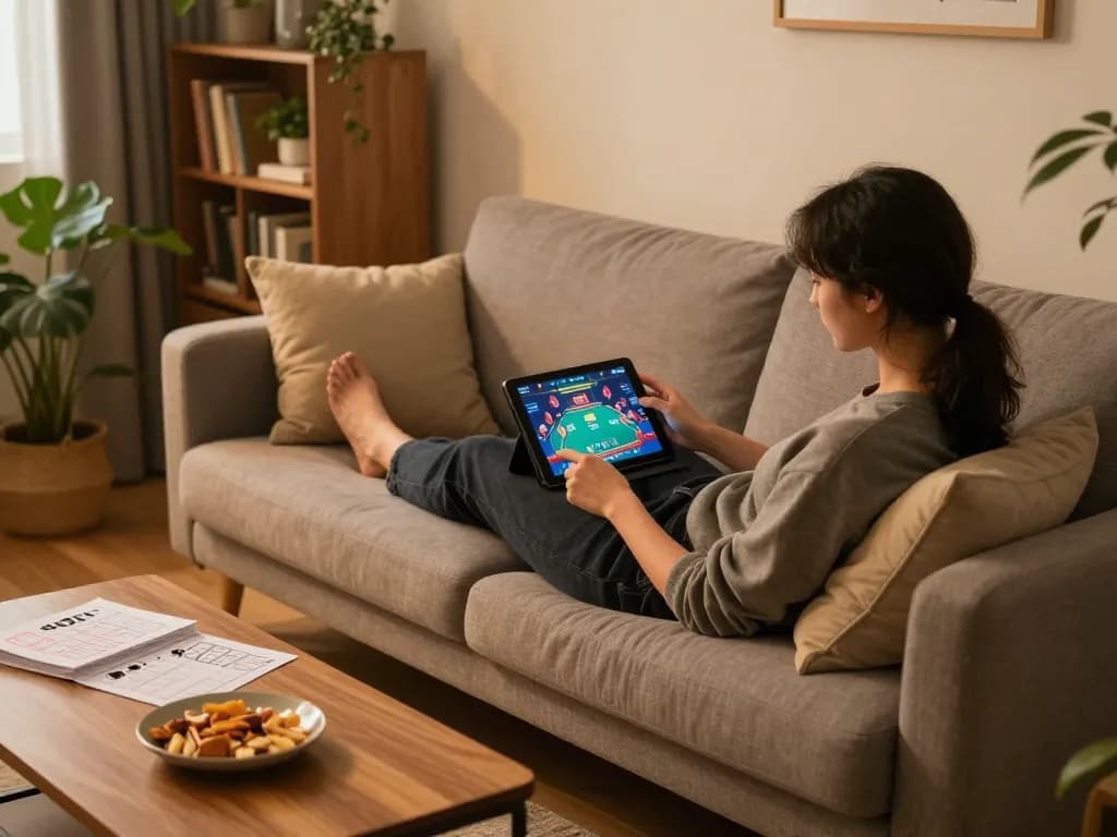 GA888 player enjoying a live poker game on a tablet in a cozy home setting with warm lighting.