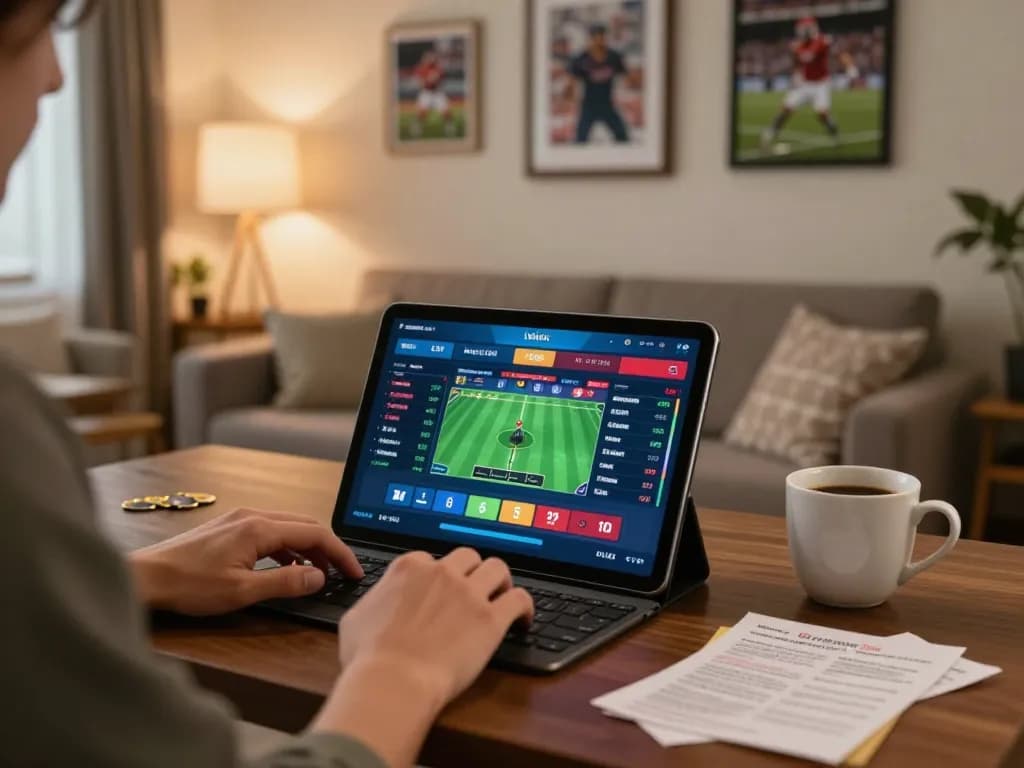 Sports betting on 99WIN from a cozy home setup, showing live odds on tablet and relaxed atmosphere.