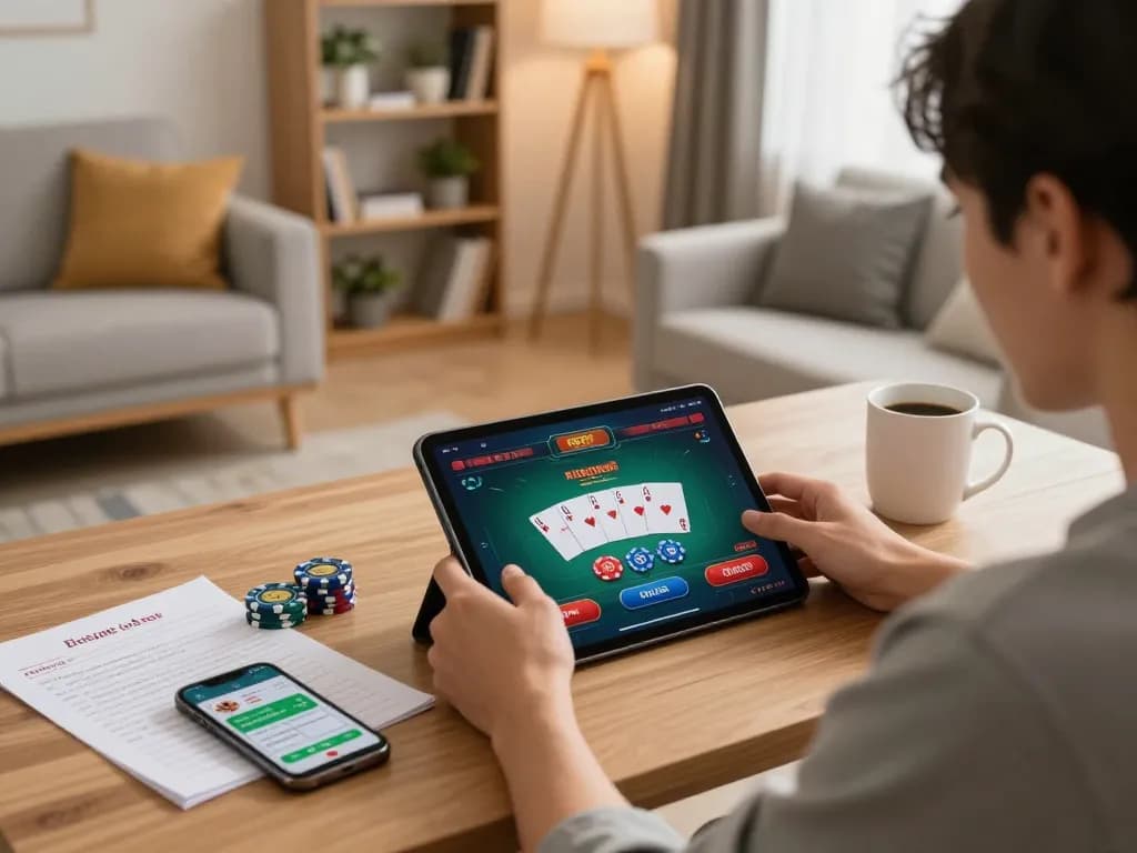 Player using the OnBet app on a tablet in a cozy home environment for online gambling.