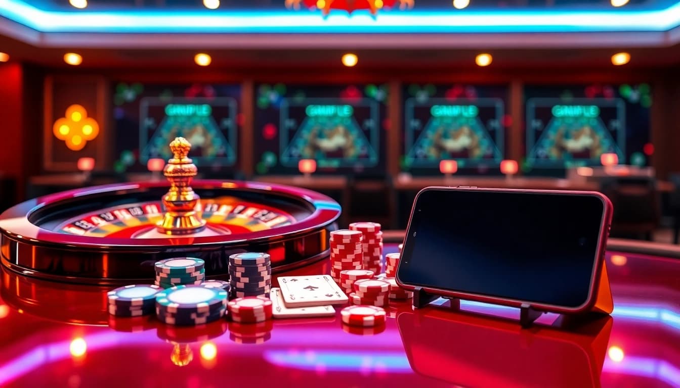Experience the thrill of 68 game bài with vibrant casino visuals, roulette wheel, and poker chips.