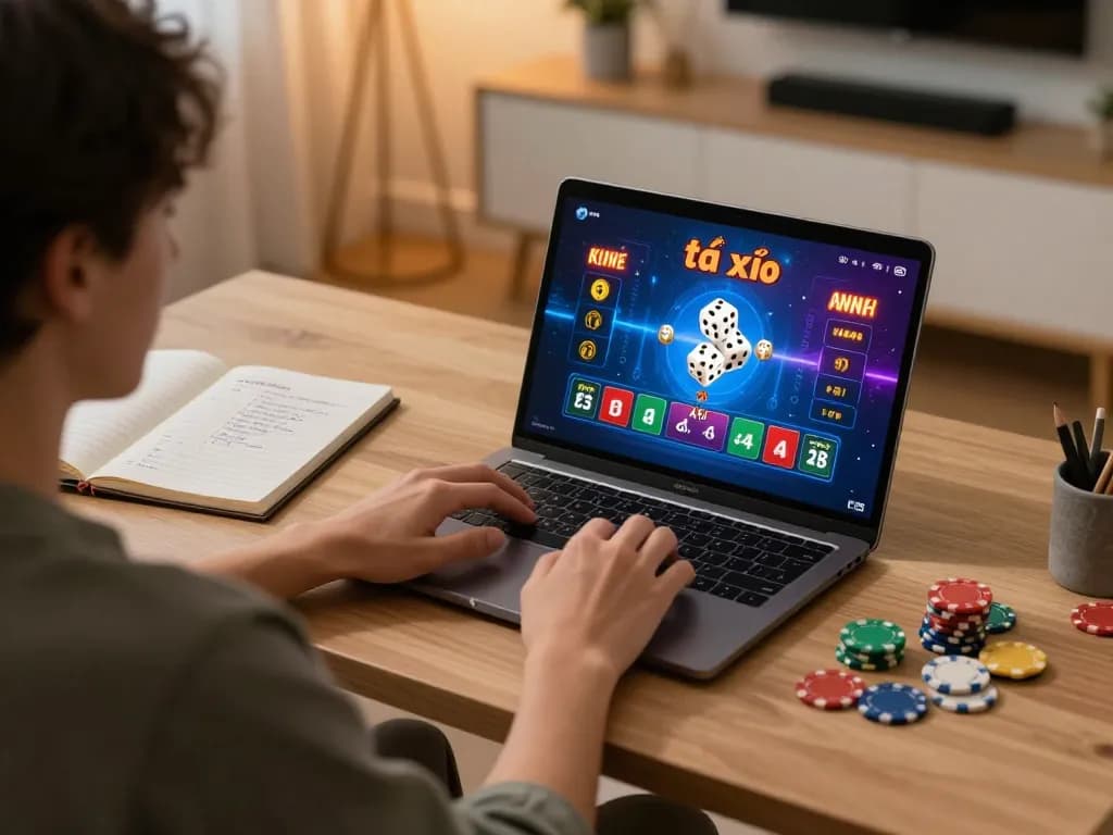 Engaging in game tài xỉu online uy tín at home, showing vibrant graphics and strategic gameplay notes