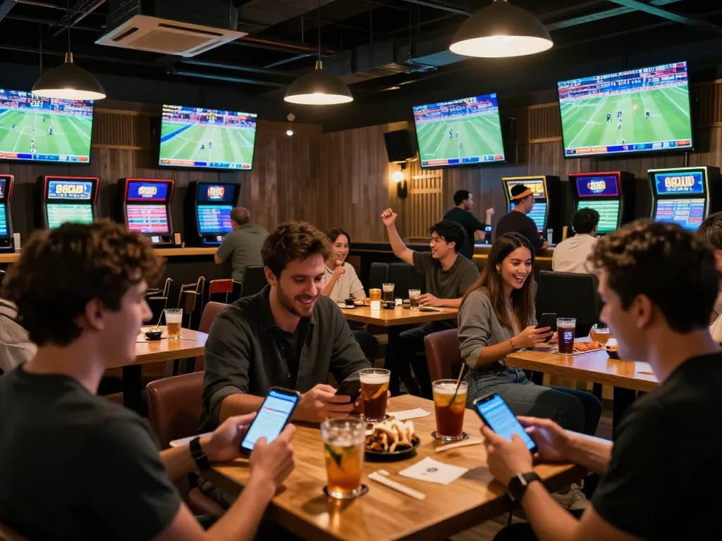 Excited bettors using smartphones at 88CLUB sports betting bar during live games