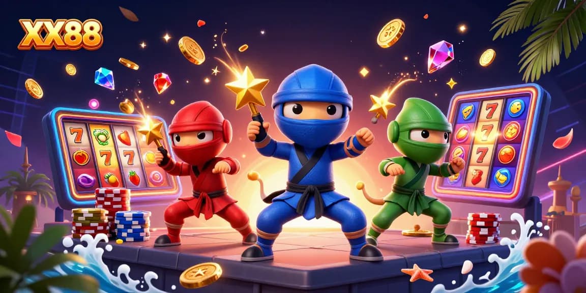 Experience exhilarating gaming at XX88 with our vibrant illustration of ninja chameleons showcasing thrilling slot action.