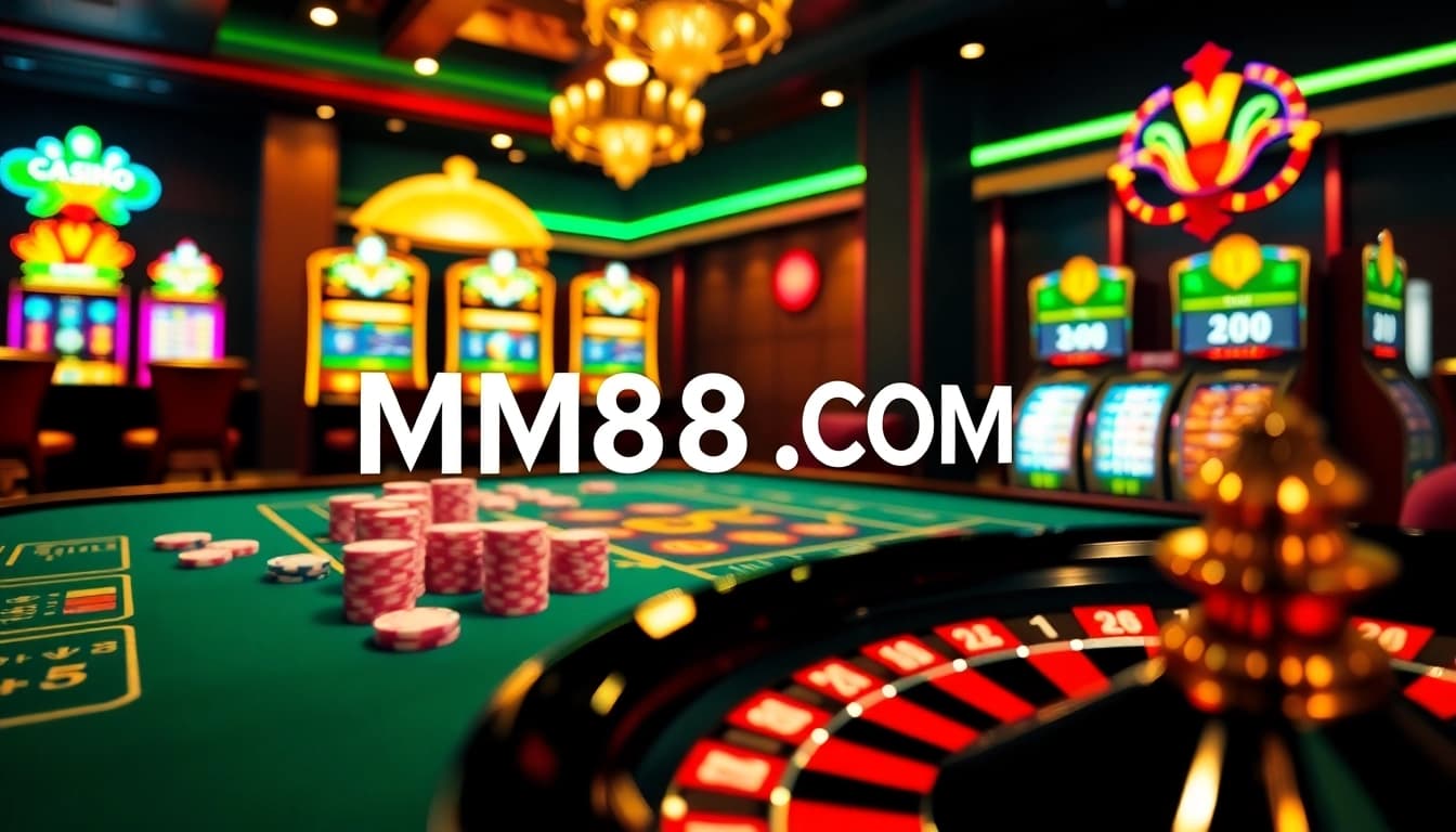 Experience the excitement of MM88.COM with a vibrant casino scene showcasing roulette wheels and poker chips.