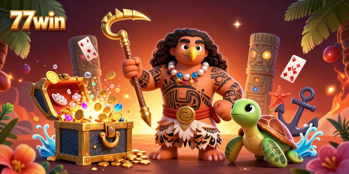 Experience the excitement of winning at 77win with vibrant 3D casino illustration of a demigod and treasures.