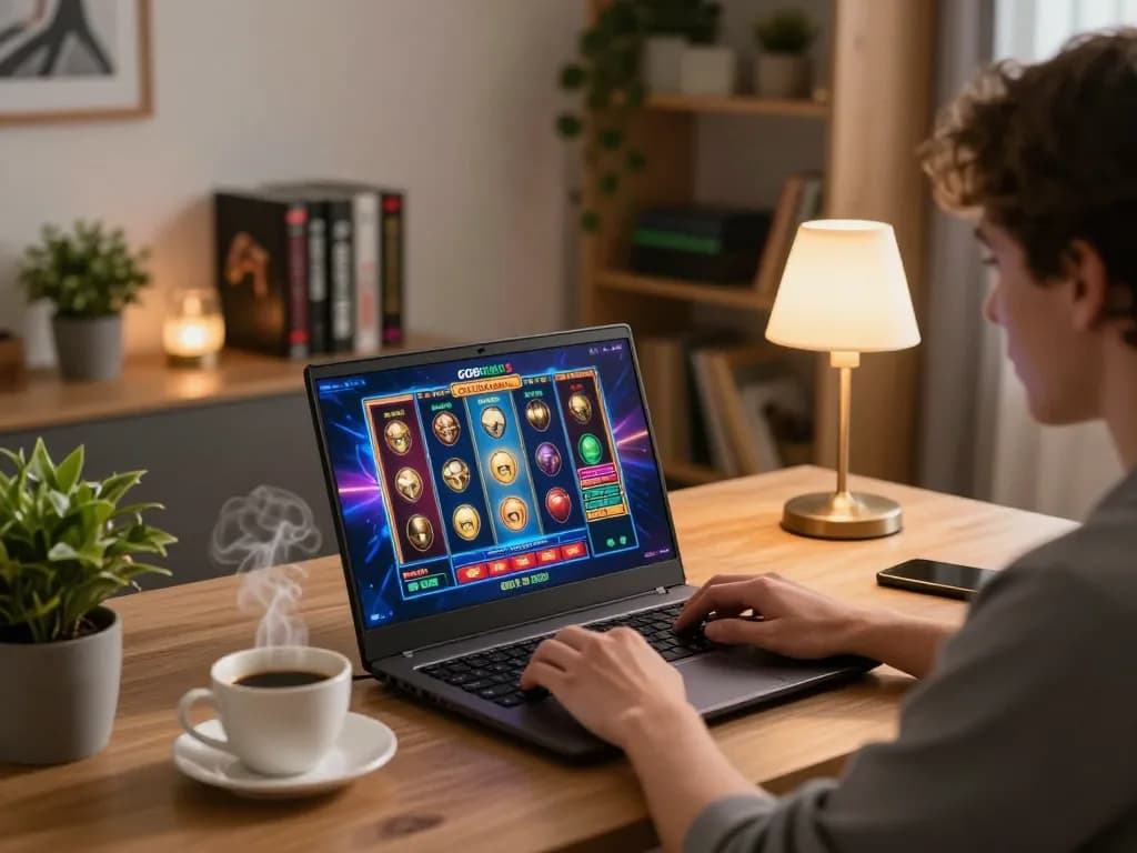 Gambler engaging in an online GO8 slot game at home, showcasing a dynamic gaming atmosphere.