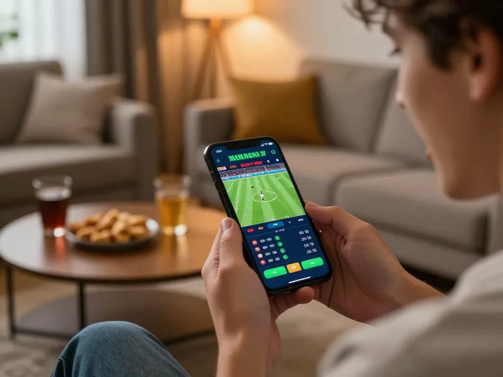 Person engaging in trang ca cuoc bong da on smartphone, showing excitement during live betting.