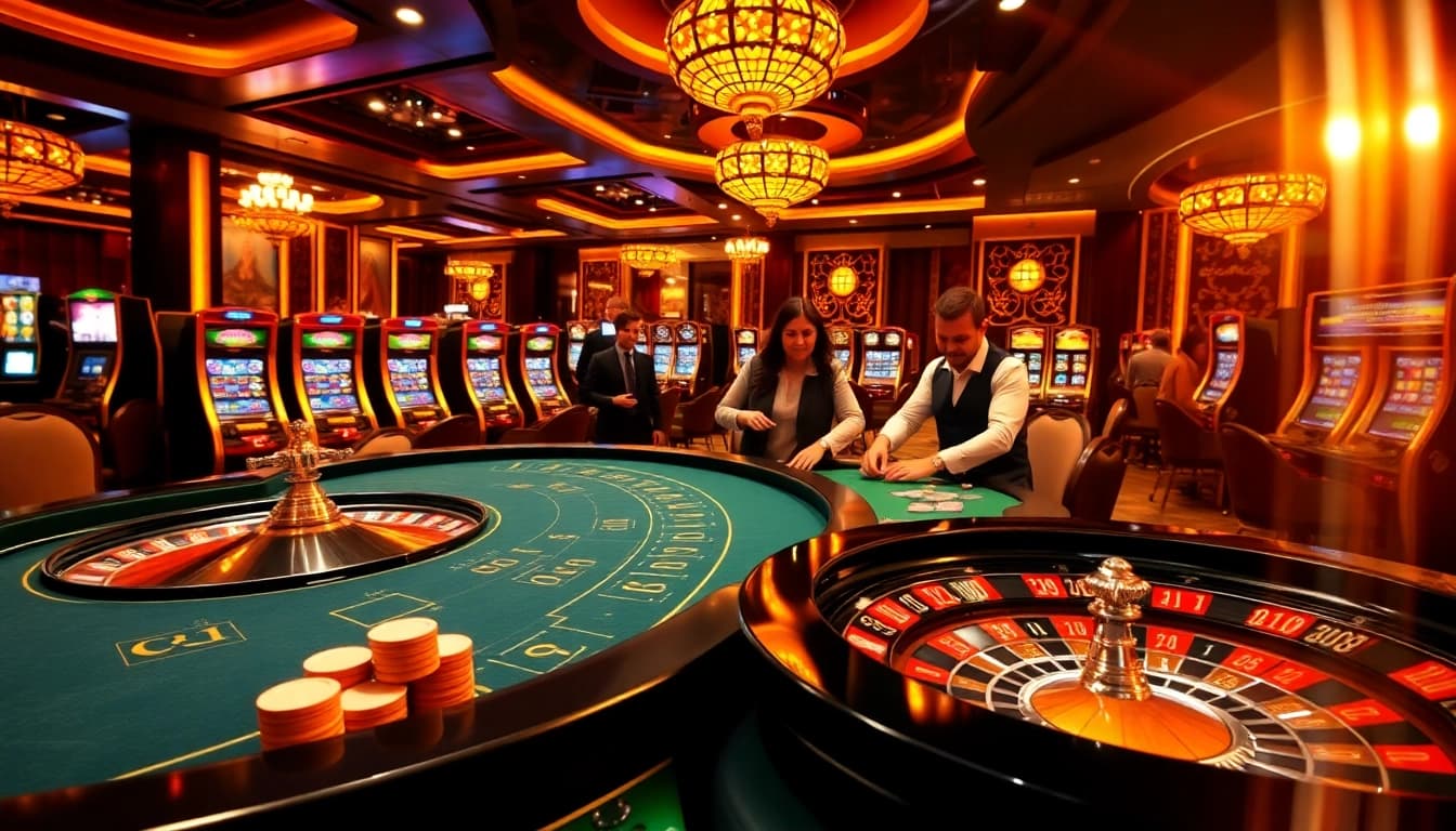 Capture the excitement of engaging in high-stakes gambling at THABET777 with a vibrant casino scene.