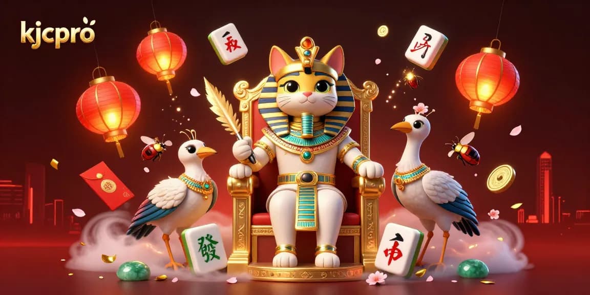 Experience excitement with kjcpro as the Egyptian pharaoh cat surrounded by golden elements and gaming thrills.