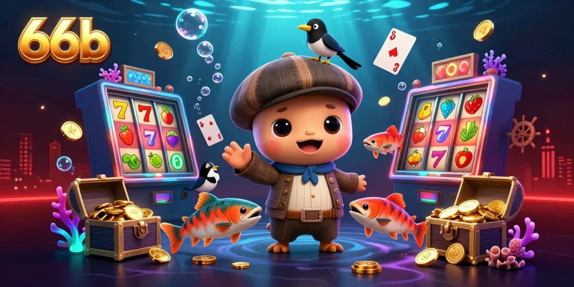 Engage with the thrilling world of 66b casino games, featuring a playful Nessie and slot machine elements.