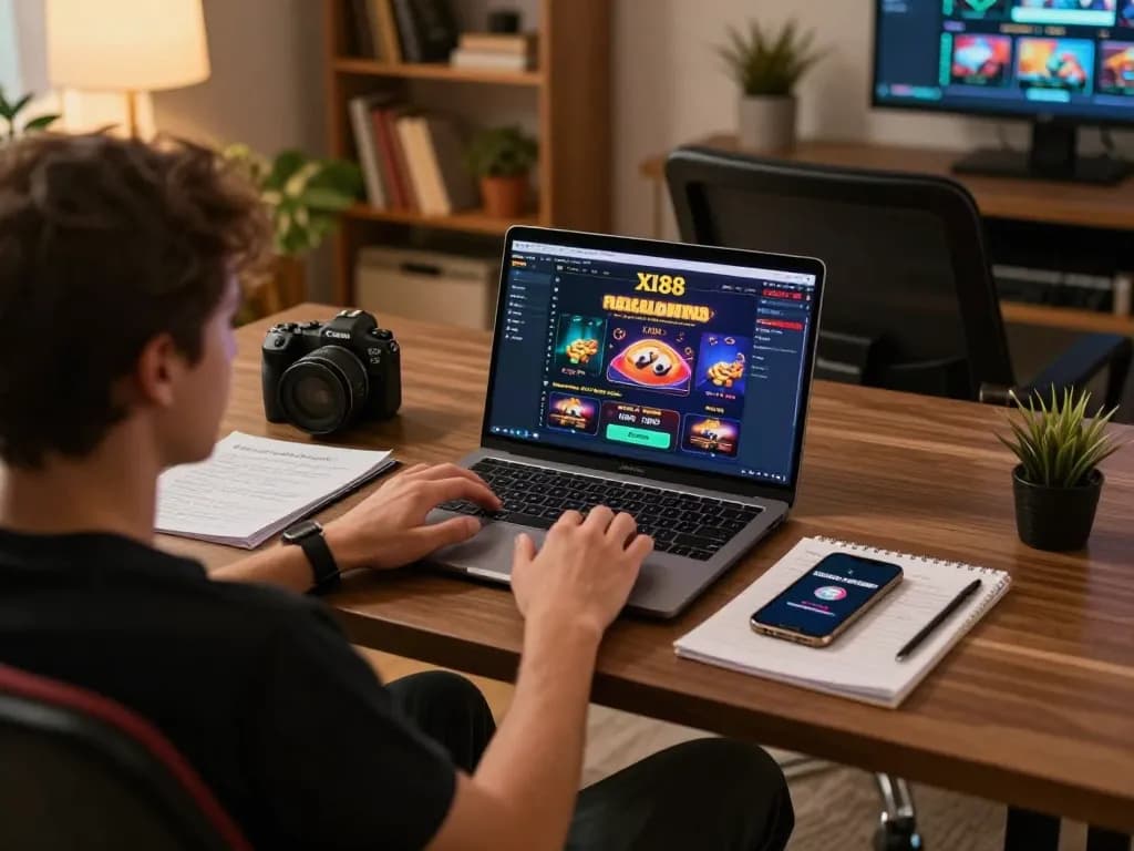 Engaging in strategic online gaming at XI88 with laptop and notes on responsible gambling.