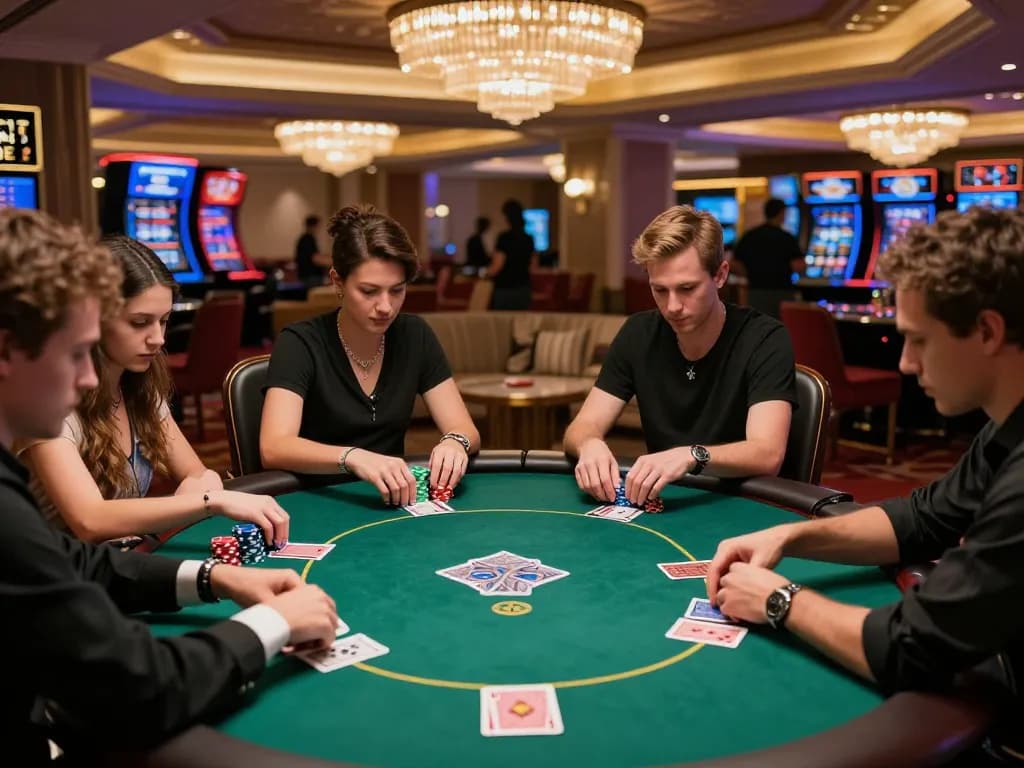 Players strategizing in a high-stakes game at 23WIN casino, focused on their hands and chips.